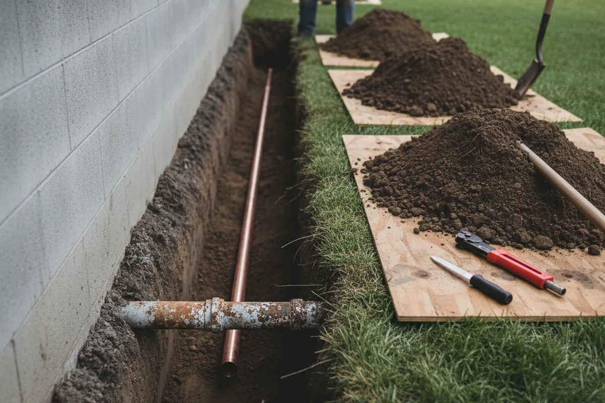 Excavated water line trench during Water Softener Installation in Port Arthur